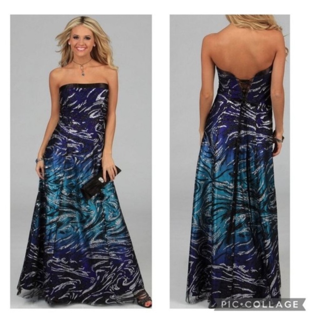 NV Couture Strapless Blue Black Purple Ombré Flame Evening Gown Prom Dress